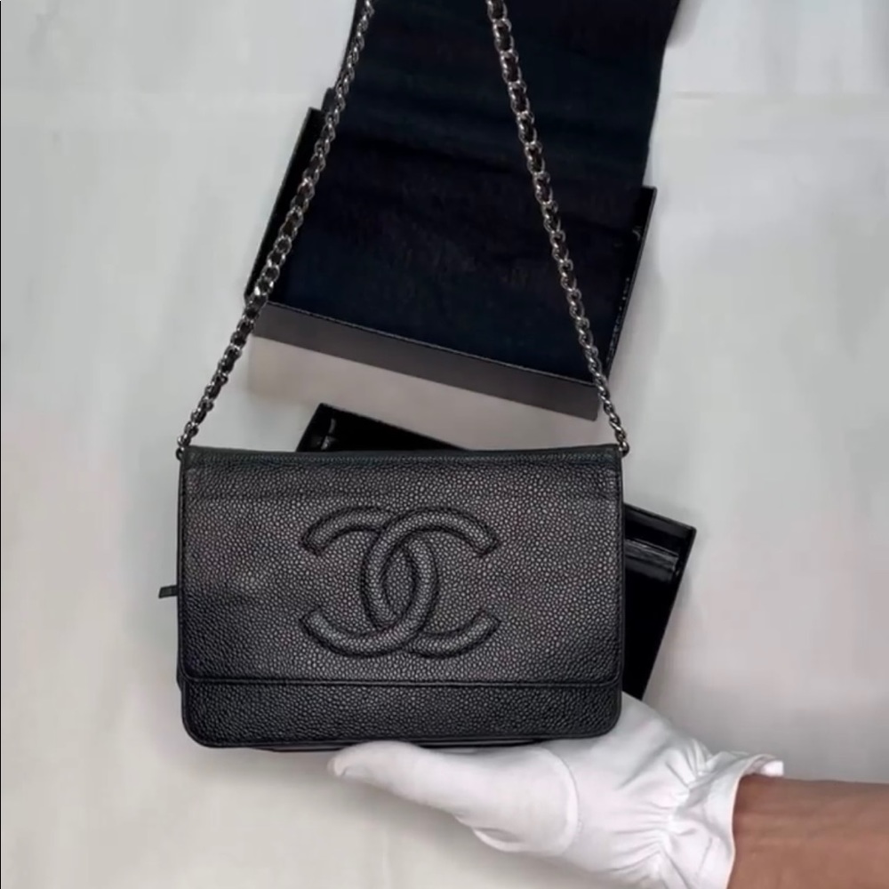 Authentic Wallet on Chain WOC Mini flap bag Caviar leather